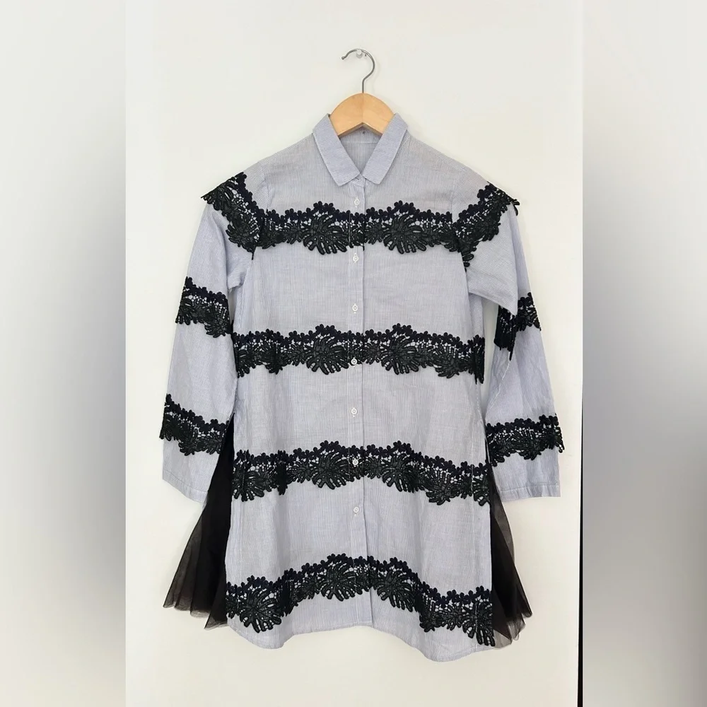 JNBY White blue Lace Striped Dress a line collar button